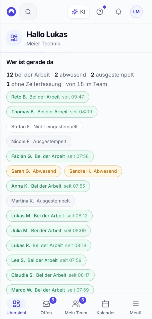 Wer ist gerade da, auf dem Handy: wie viele Personen bei der Arbeit, abwesend oder noch nicht eingestempelt sind, und für jede Person die Uhrzeit des Einstempelns.