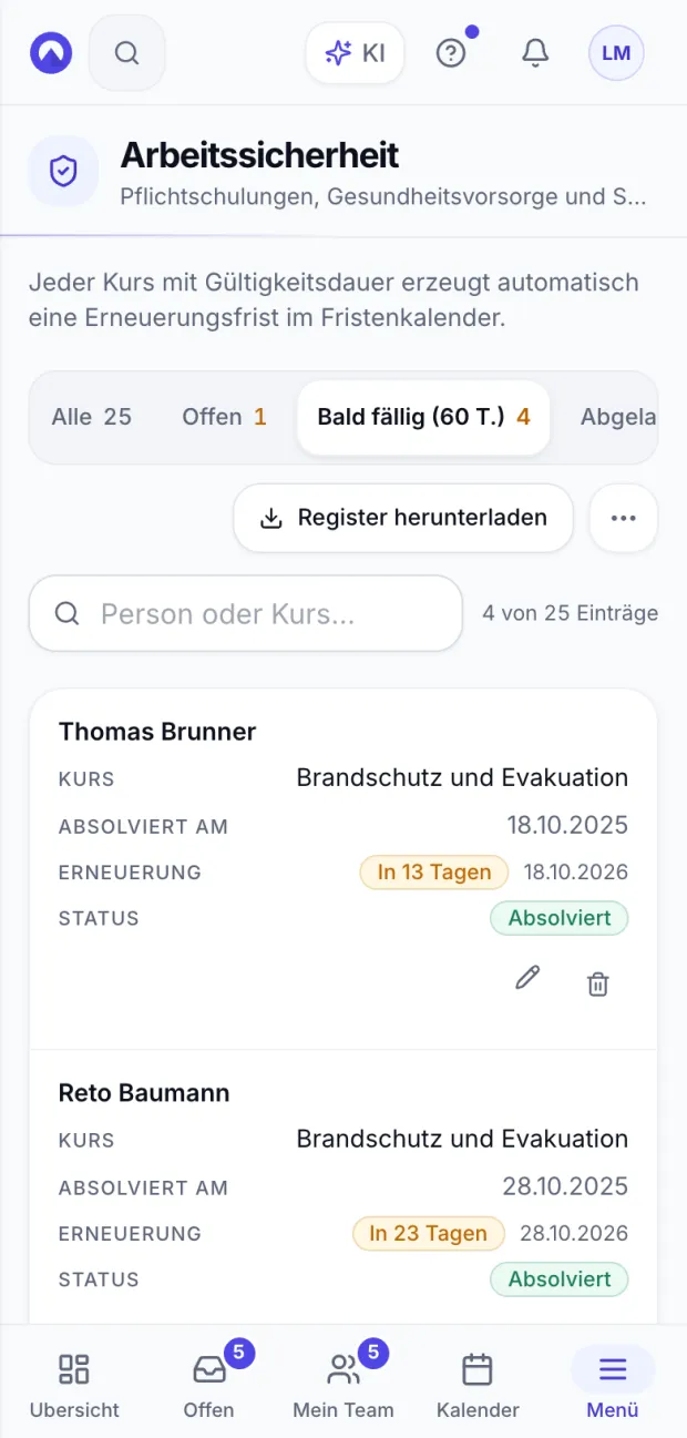 Arbeitssicherheit auf dem Handy: das Schulungsregister, gefiltert auf die Kurse, deren Erneuerung in den nächsten Wochen fällig ist, mit den verbleibenden Tagen.