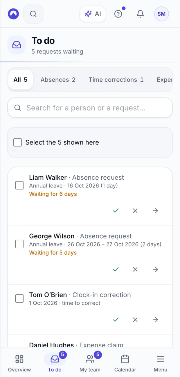 The To do list on a phone: leave requests, a clock-in correction and expense claims waiting, each with approve and decline buttons.