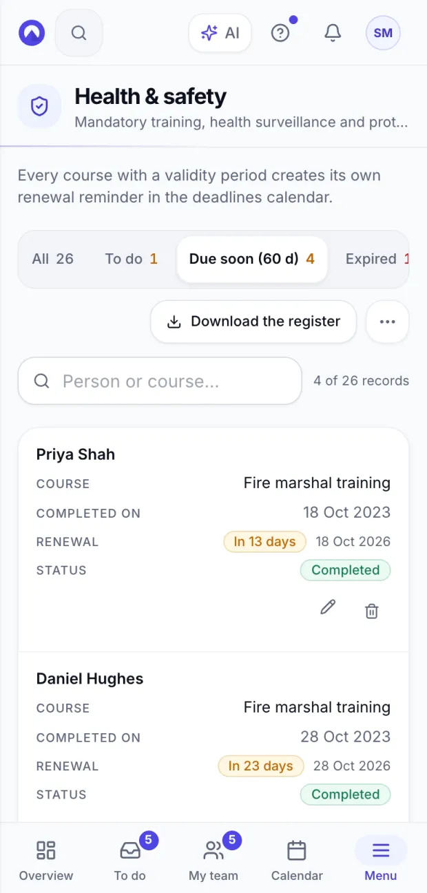Health and safety on a phone: the training register filtered to the courses due for renewal in the coming weeks, with the days left for each.